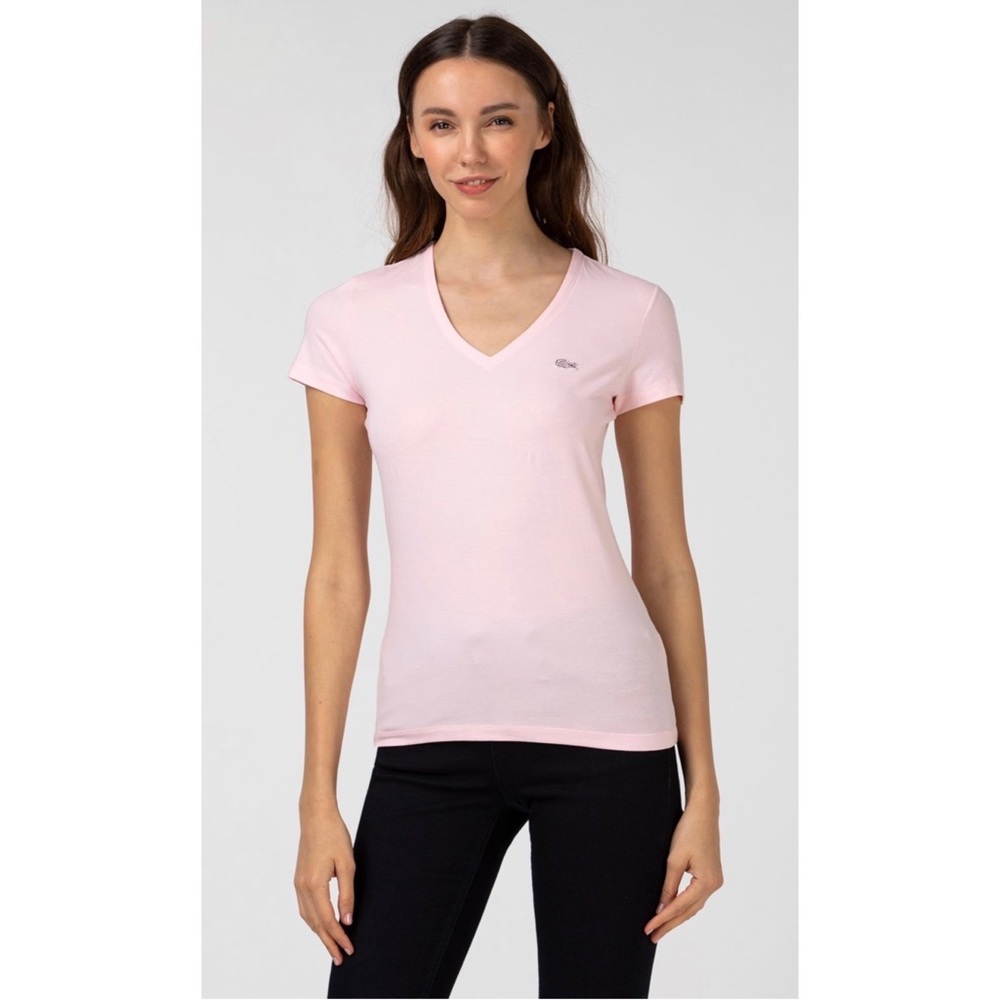 Lacoste Light Baby Pink V-Neck Cotton Short Sleeve Shirt